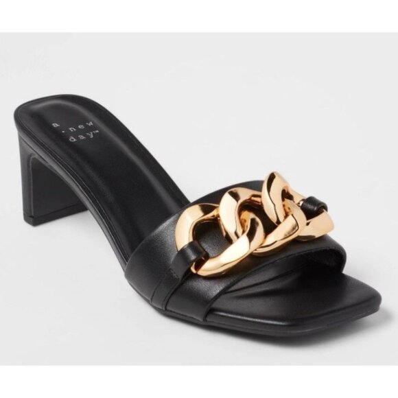A New Day Women's Margo Black Slide Heels- Black/Gold Size 6.5 - Picture 1 of 8